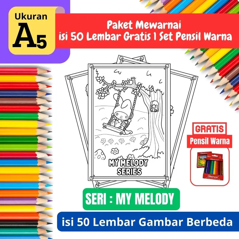 [ EDISI My Melody ] Promo Termurah Paket Mewarnai Gambar isi 50 lembar Gratis 1 Set Pensil Warna - A5 Tebal - Edisi My Melody 2