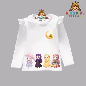 Kaos anak perempuan lengan panjang gambar muslim jilbab bunga baju atasan BULAN BINTANG / 4 KECIL