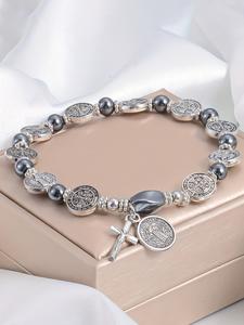 Pulsera de cuentas de ágata vintage, hilo elástico hecho a mano, joyería casual unisex de moda, dije colgante de cruz