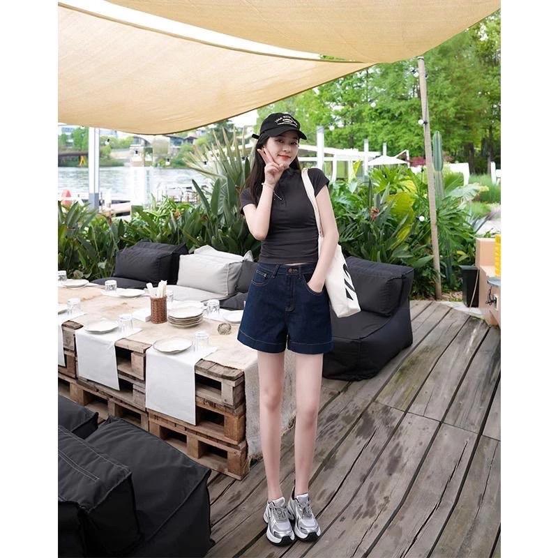 ￼DT39 SẴN Quần Sooc Jean Trơn Cạp Cao demin Màu Xanh Đậm QCCC 4