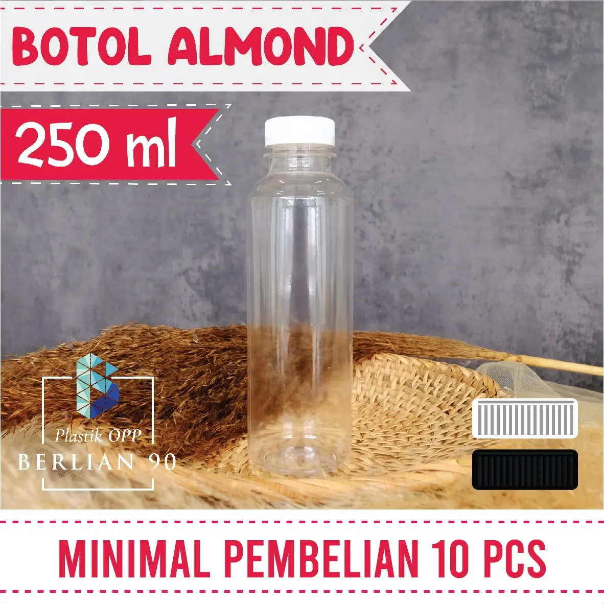 ( 100 pcs ) Botol Almond 250 ml Tutup Putih Hitam | Botol Kopi Botol Jus 250ml | Botol Kopi 250ml