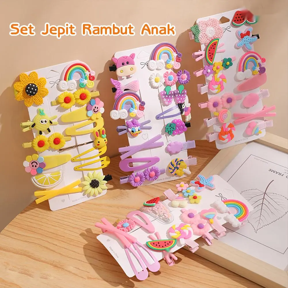 Anak-anak Rambut Korea Set 14 Pcs Aksesoris Rambut Berwarna-warni dengan Motif Pelangi Bunga dan Karakter Lucu untuk Pesta