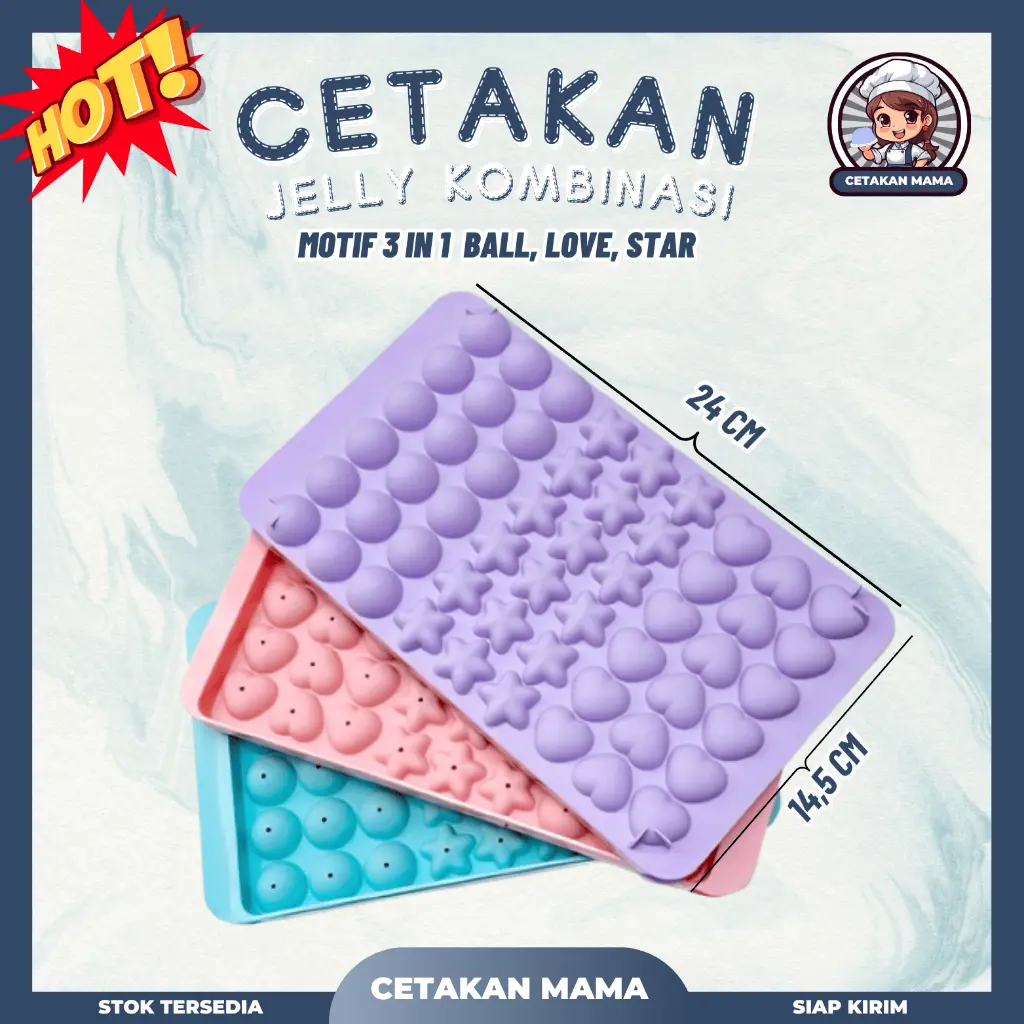 Cetakan Jelly Kombinasi 3 in 1 Mix 3 Motif Star Love Ball 54 Lubang / Cetakan Es Batu  / Cetakan Jelly / Es Buah / Viral / Kitchenware Warna Warni Cream