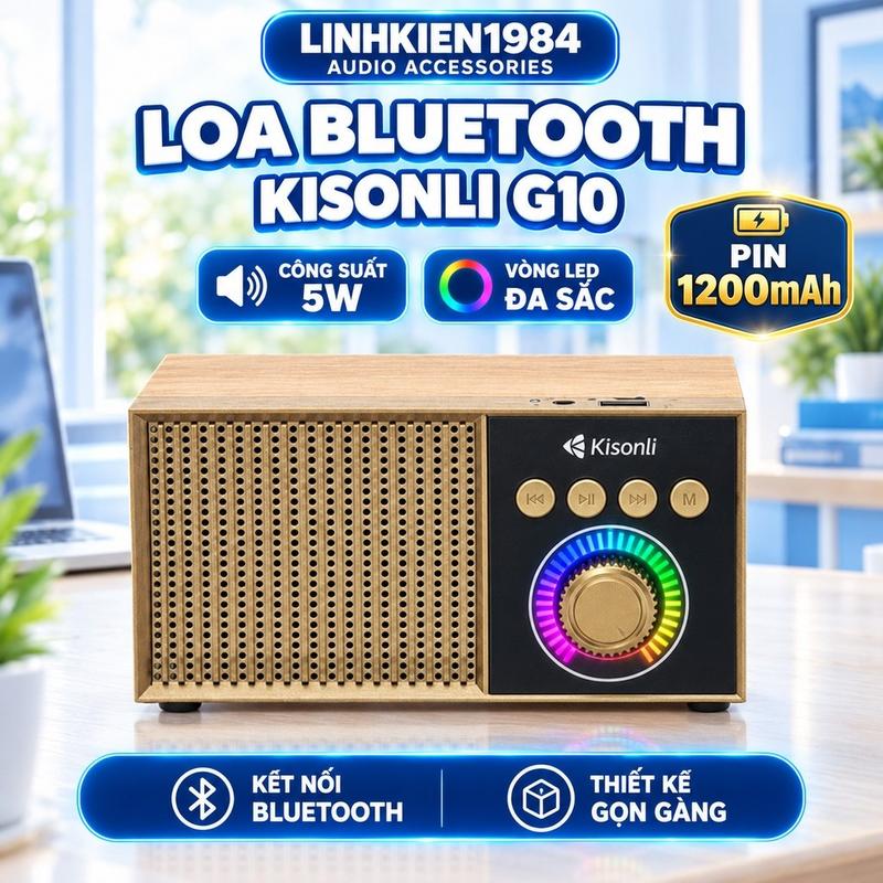 Loa Bluetooth Kisonli G10 5W Pin 1200mAh, Loa Nghe Nhạc Không Dây Hỗ Trợ Thẻ TF, USB, AUX, Vỏ Màu Gỗ
