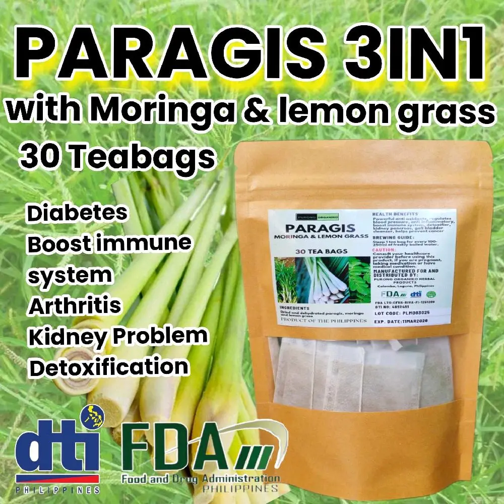 PARAGIS TEA  3 in 1 w/ MORINGA & LEMON GRASS / NO ADDITIVES/ ALL NATURALS  30 TEABAGS