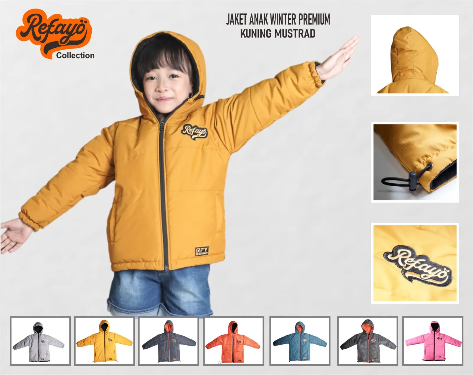 Jaket Winter Anak REFAYO Pria Wanita Outdoor Waterproof Windproof - Kuning Mustrad Bordir Hoodie