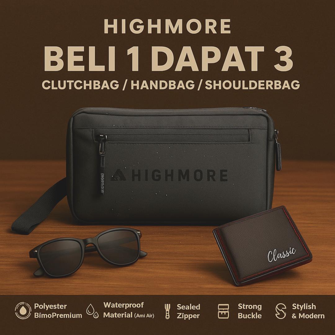 HIGHMORE [BELI 1 DAPAT 3] BUNDLING COMBO HYPER DAPAT 3 TAS STUICK KACAMATA DOMPET KLASIK BIMO WATERPROOF HITAM ELEGAN PRIA WANITA Selempang Cowok Bahan PU Tahan Air Multifungsi