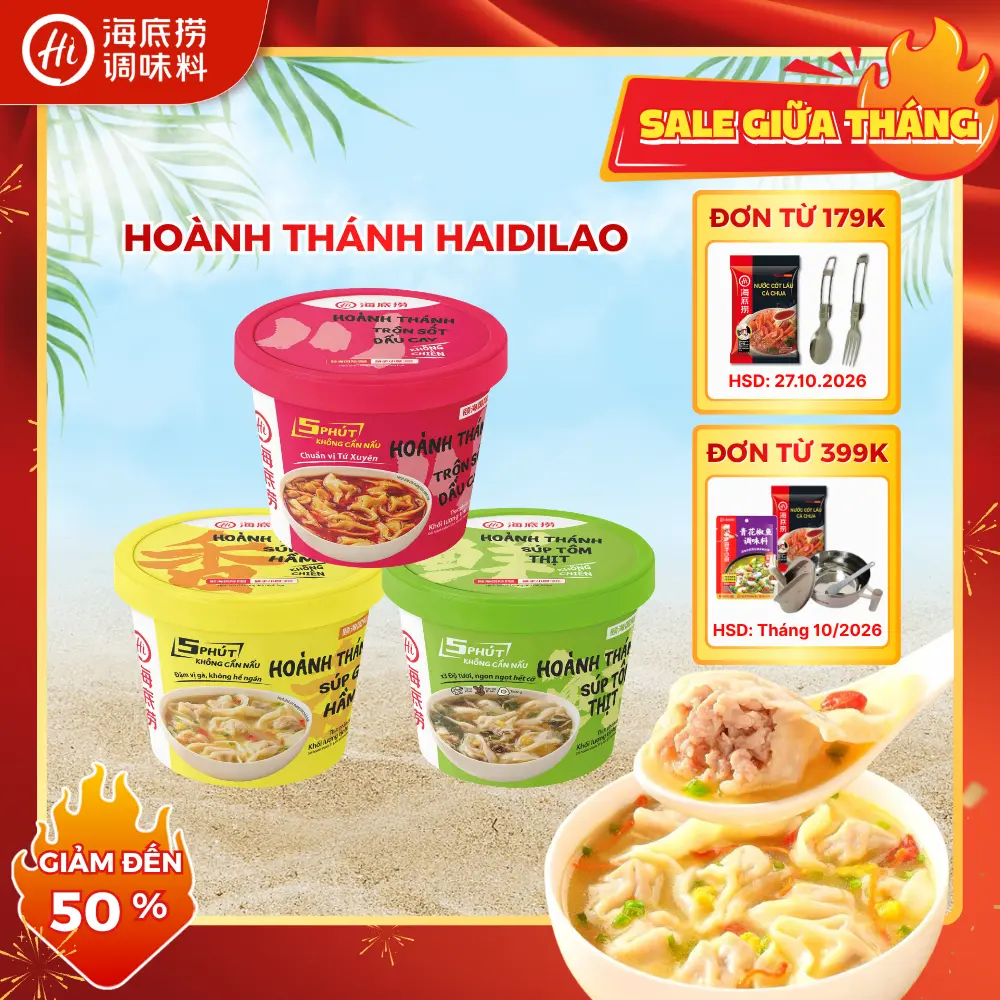 [ĐƠN 179K/399K LÀ CÓ QUÀ] Hoành Thánh Haidilao Phiên Bản Mới 3 Vị Trộn Dầu Cay/ Súp Tôm Thịt/ Súp Gà Hầm Nhân Thịt Băm Thơm Ngon | Bữa Sáng, Bữa Khuya Tiện Lợi, Ăn Nhanh | Hộp 47-89G