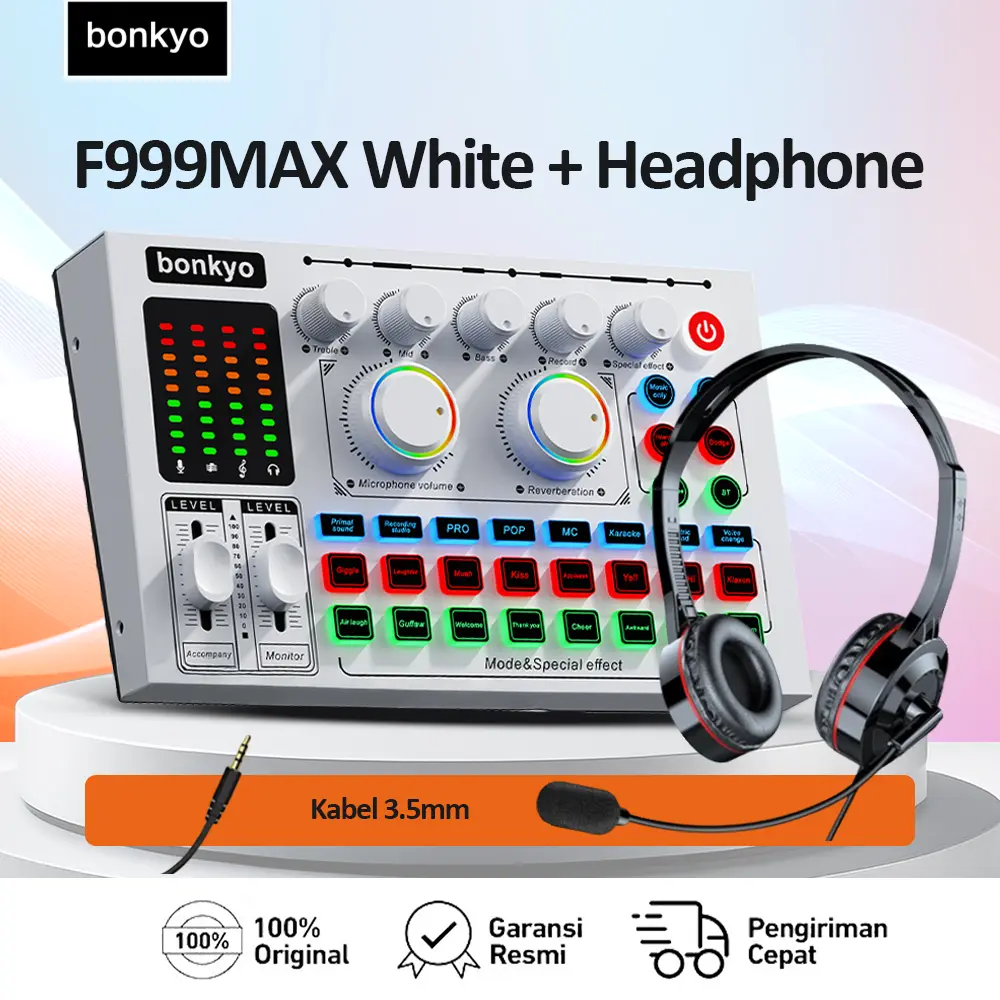 Bonkyo F999MAX sound card + set headphone soundcard Bluetooth F999MAX kartu suara putih headphone audio mixer langsung untuk bernyanyi dan karaoke langsung
