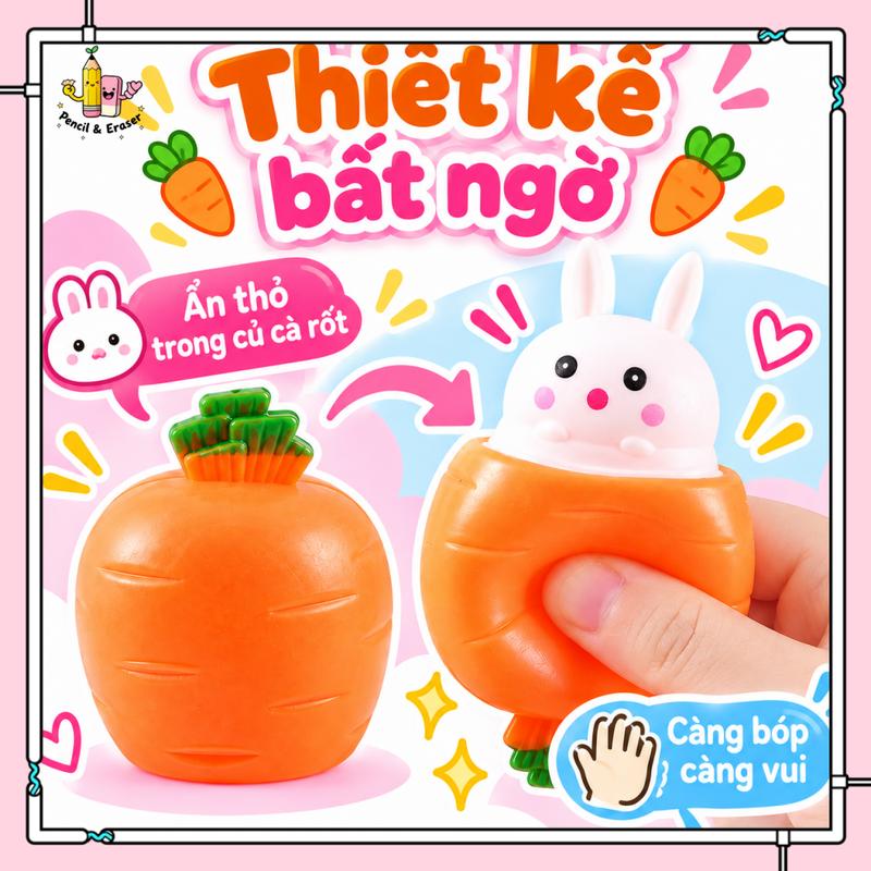 Đồ Chơi Bóp Thỏ Cà Rốt, Thỏ Bật Lên Khi Bóp, Kích Thước Nhỏ Gọn 6x4.3cm