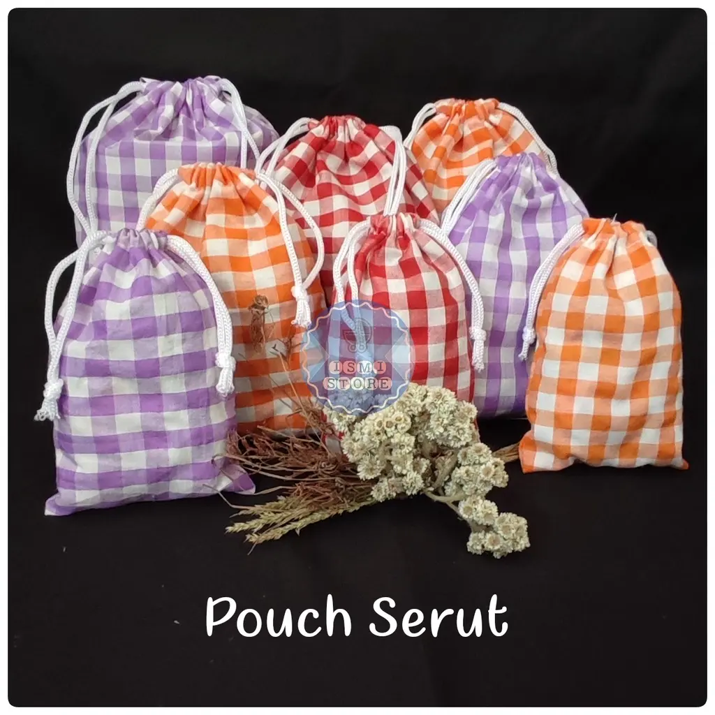Pouch KOIN / Tas Serut Murah SOUVENIR Motif Kotak Gingham Kantong Serbaguna Kosmetik by Ismi Store