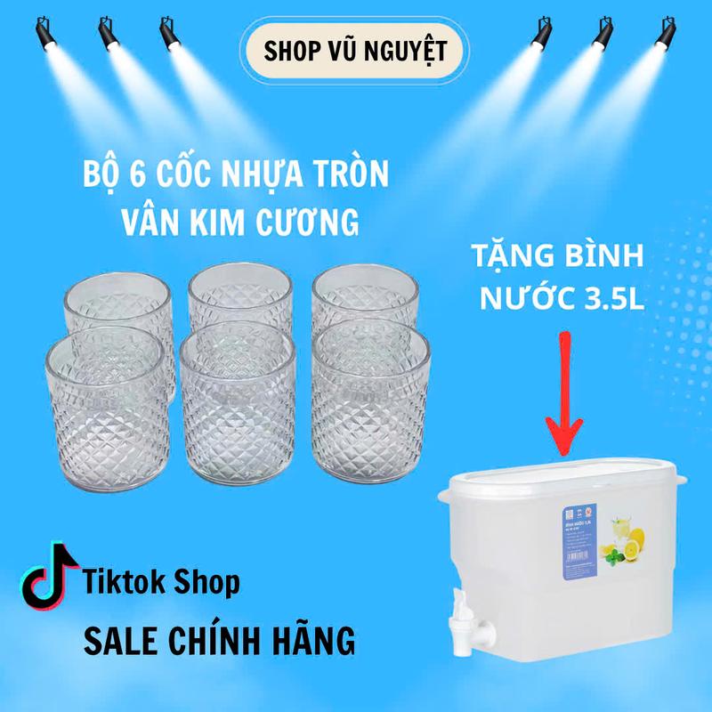 (Tặng Bình Nước) Bộ 6 cốc tròn vân kim cương nhựa Việt Nhật dung tích 260ml, cốc uống nước trong suốt chịu nhiệt