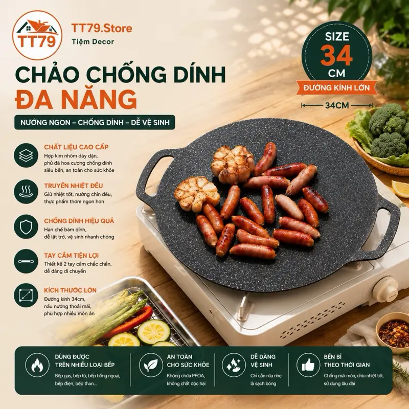(loại 1) Chảo nướng đá không dầu Hàn Quốc size 34cm Eco,chảo nướng thịt BBQ chống dính dùng