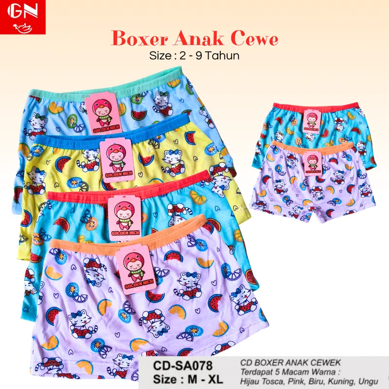 6 Pcs | Celana Dalam Boxer Anak Perempuan Usia 2-7 Tahun | Golden Nick 083 078 | Bahan Katun Full Print 6