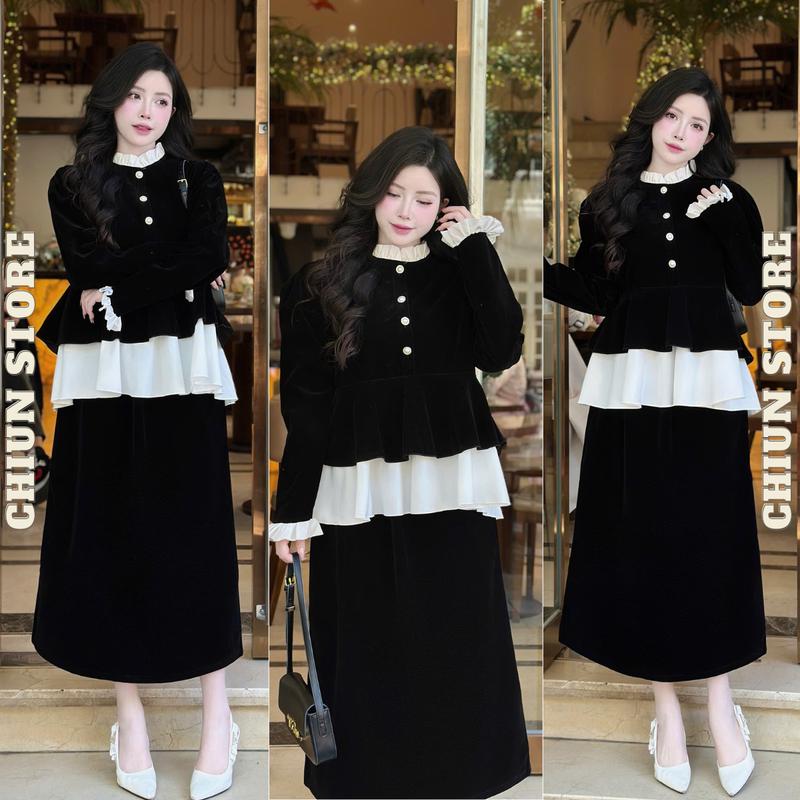Sét Đầm Bầu Chân Váy Nhung Công Sở Hai Chi Tiết Sét Váy Bầu Dự Tiệc Dáng Dài Ấm Áp Thu Đông Đen Phối Trắng Dài Tay Mùa Đông M949 Chiun Store nữ women dress den kem