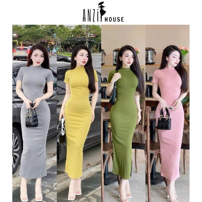 ANZi House Đầm Body Tay Ngắn Dáng Dài Tôn Dáng Cổ 3p có xẻ tà và khoá kéo sau vải thun gân Quảng Châu co giãn mát mẽ Nữ Dress Women - Đỏ