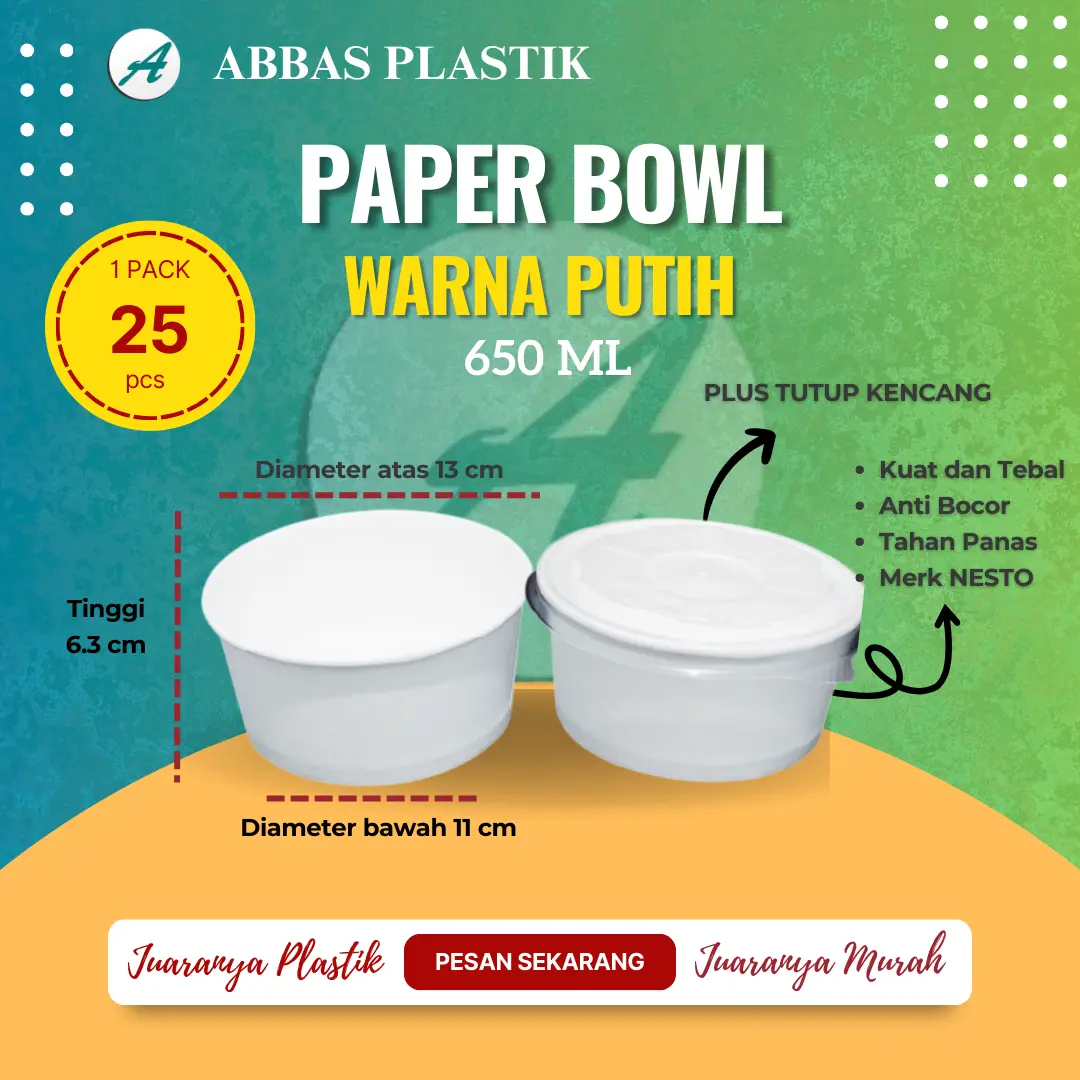 Paper Bowl Bulat Warna Putih + tutup bening / Merk Nesto / Ukuran 650 ml/ 1 pak isi 25 pcs/ Dimensi 6,5 x 11 x 13 cm