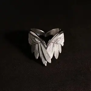 Cincin Jari Telunjuk Sayap Malaikat Kreatif, Cincin Terbuka Trendi yang Dipersonalisasi, Cincin Sayap Bertekstur Unisex