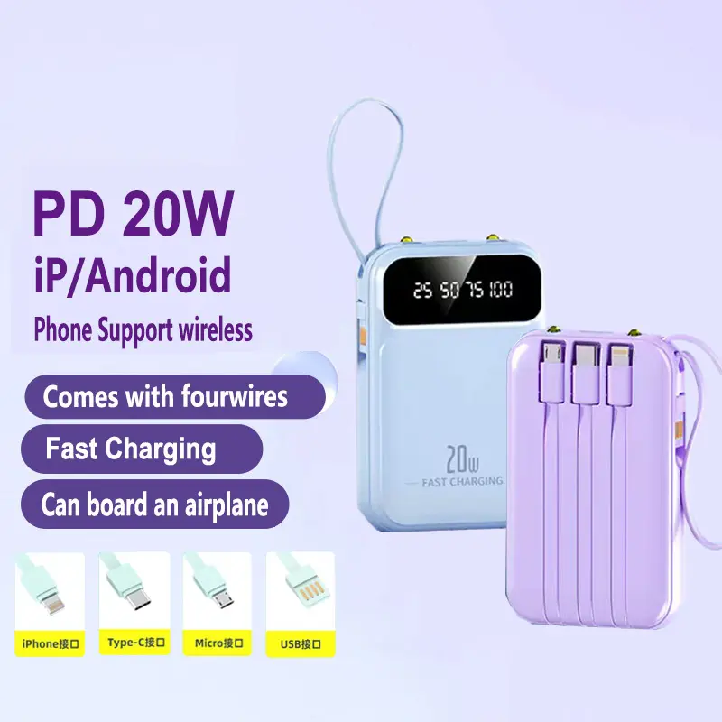 20000Mah Fast Charges Travel Portable Powerbank Built in 4 Cables Fast charging Digital LED Display Power Bank Accessories Charger Mobile type c fast charging type c multiple device charging type c multiple device charging Cute Mini