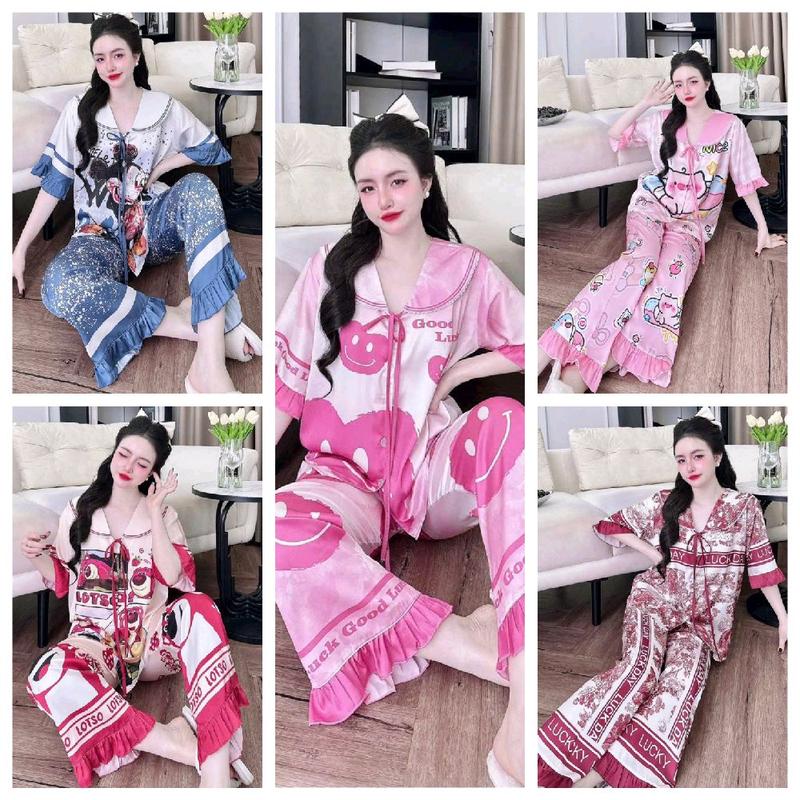  Đồ bộ ngủ Pijama tiểu thư lụa latin nhiều mẫu  40-60kg  Nữ Women Pijama đồ ngủ Nhung Quần Ngủ Nho 