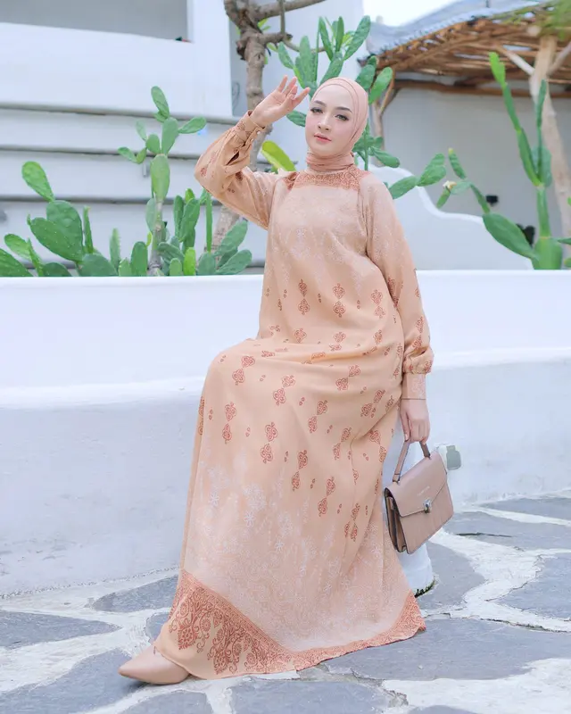 Gamis Set Hijab Motif Cuci Gudang Promosi Wanita Muslim Nyaman Dress Dewasa Lebaran 5