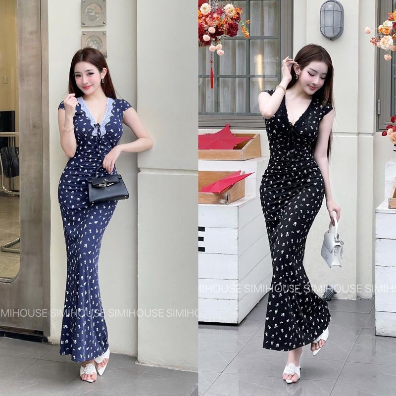 VÁY BODY THUN CỔ V REN NƠ CỘT V97 / Đầm body thun gân hoạ tiết qc  ( SIMIHOUSE )