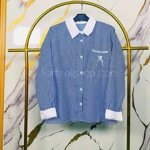 kemeja salur wanita salur terbaru /kemeja stripe kombinasi renda kekinian/blouse stripe terdia ukuran LD 100cm-110cm-115cm -120 cm -130 cm Atasan Panjang Cewek Oversize