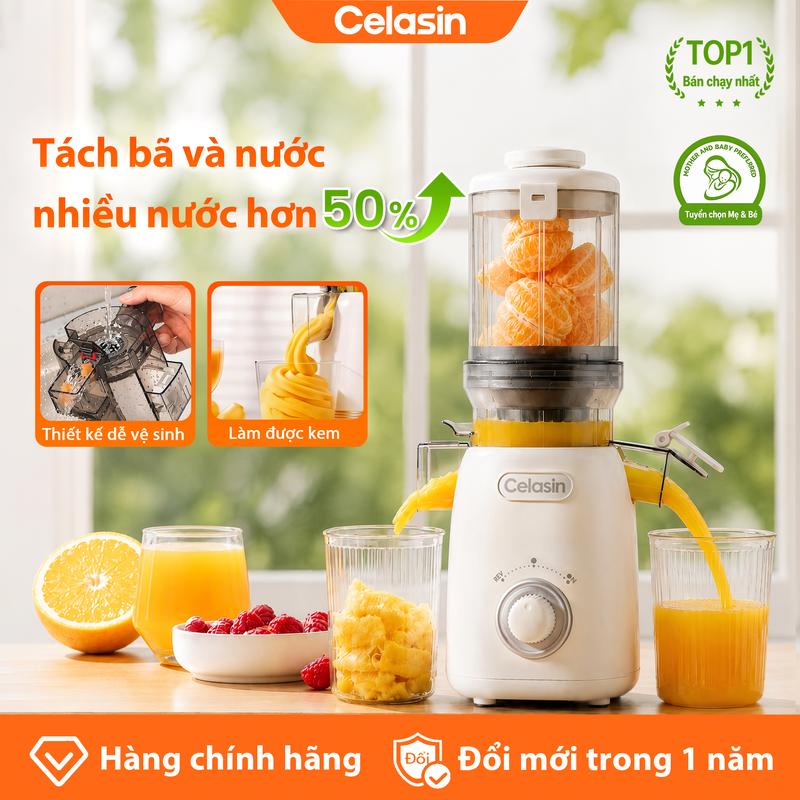 Celasin Máy ép trái cây chậm - Ép lạnh giữ vitamin, tách riêng nước ép và bã, lưới lọc độc lập, cửa xả bã tháo rời dễ vệ sinh, làm kem, tặng kèm phụ kiện, giá ưu đãi