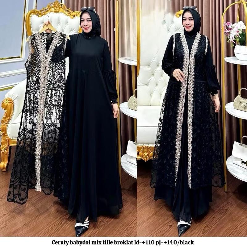 Bisa Cod Gamis Pesta Wanita Jumbo Ukuran M L XL XXL 3XL 4XL Ld 100-140cm // Qinara Dress Set Iner Plus Outer Lepas Pasang // Dress Iner Ceruty Outer Brukat Renda // Gamis Wanita Jumbo // Dress Kondangan Setelan Gamis Iner Outer  Panjang Gaun 0