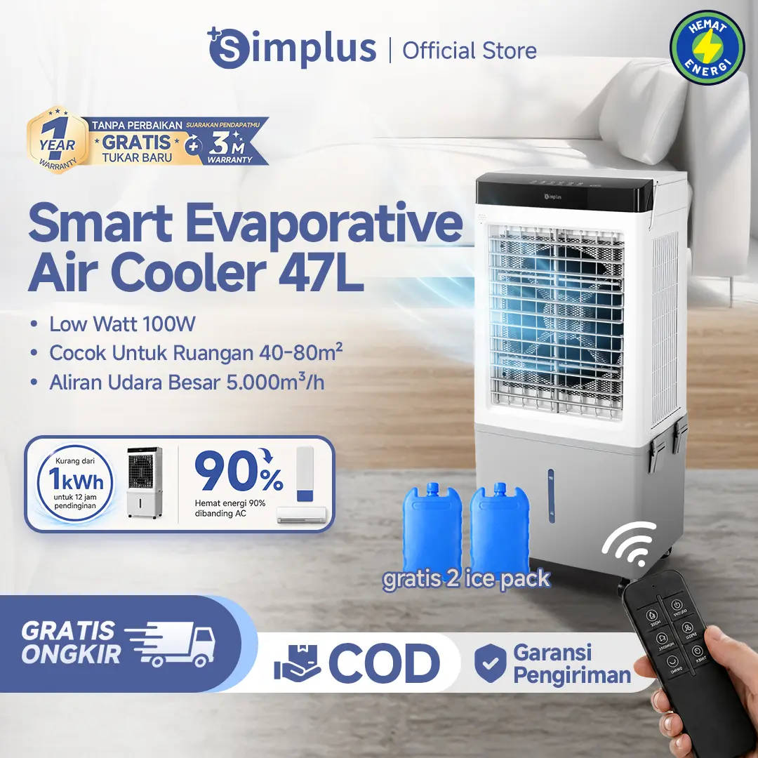 【MEGA SALE】Simplus Air Cooler Smart Evaporative 47L Remot Kontrol Tangki Air Besar Gratis 2x Ice Cooling Mesin Motor Performa Tinggi dengan Smart Touch Pengaturan Timer Hingga 12 Jam LFSH006