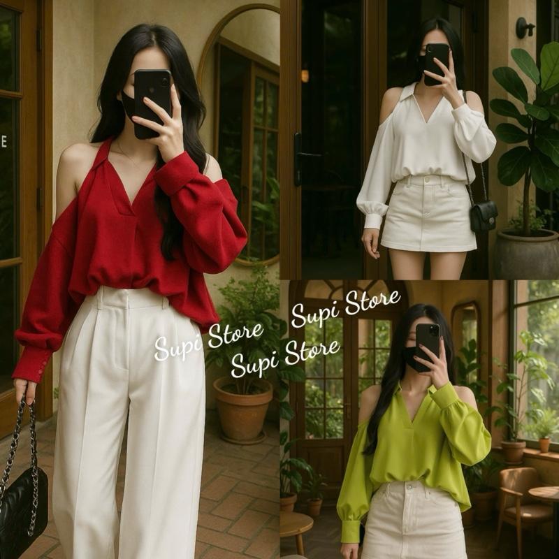 Áo Sơ Mi  Nữ Fom Babydol Xẻ Vai Tay Bồng. Hàng Chuẩn Shop May 2 Lớp Dài Dặn. Chất Vải Đẹp Nữ Women Top