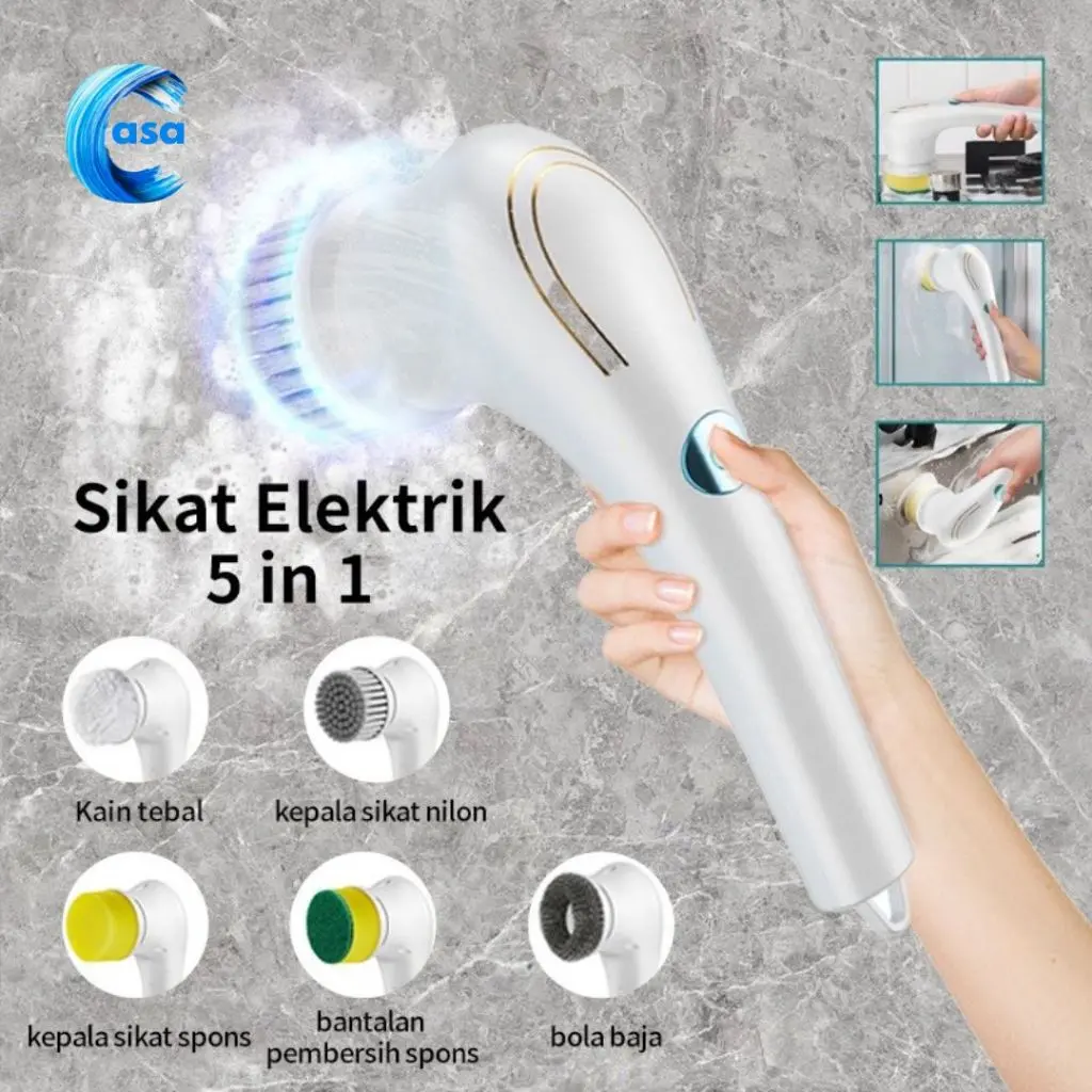 CASAO Sikat Elektrik 5 in 1 Handheld Sikat Kamar Mandi Rotasi Cerdas 360° Derajat Kebisingan Rendah Tahan Air IPX7 Wastafel Dapur Cleaning Brush