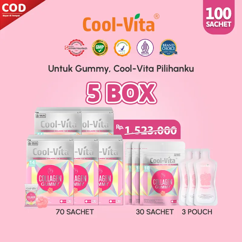 [TT] Coolvita 5 Box Collagen Gummy (Total 70 Gummy) + 3 Pouch Collagen Gummy (Total 30 Gummy) + 3 Pouch Collagen RTD | Rasa Jeruk Bali dan Lemon Segar | Vitamin / Suplemen Kecantikan Kulit | Bantu Jaga Kesehatan Kulit, Kuku, dan Rambut 0