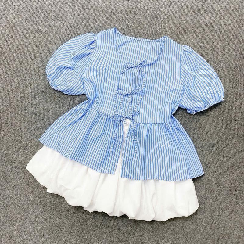 Set Áo Váy Dễ Thương (CÓ LẺ ÁO/ VÁY) Áo Babydoll Tay Bồng Phối Dây Buột Mix Váy Bí Ngô Dễ Thương Cho Nữ Chuppy (58-92Kg)- A190 CV413