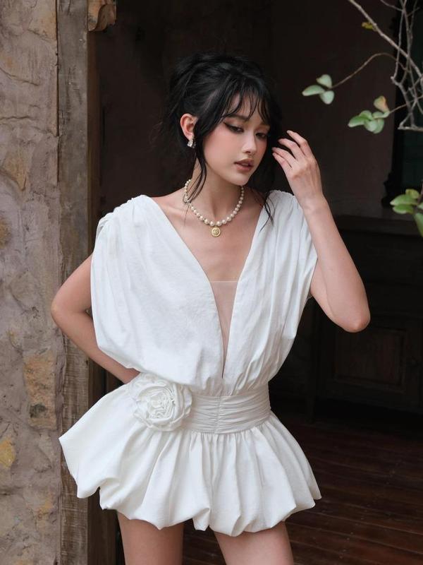 [Kèm quần] Đầm bí phồng xếp tầng thiết kế cổ V tay bồng phối hoa váy xinh sang chảnh dự tiệc đầm nữ dự tiêc