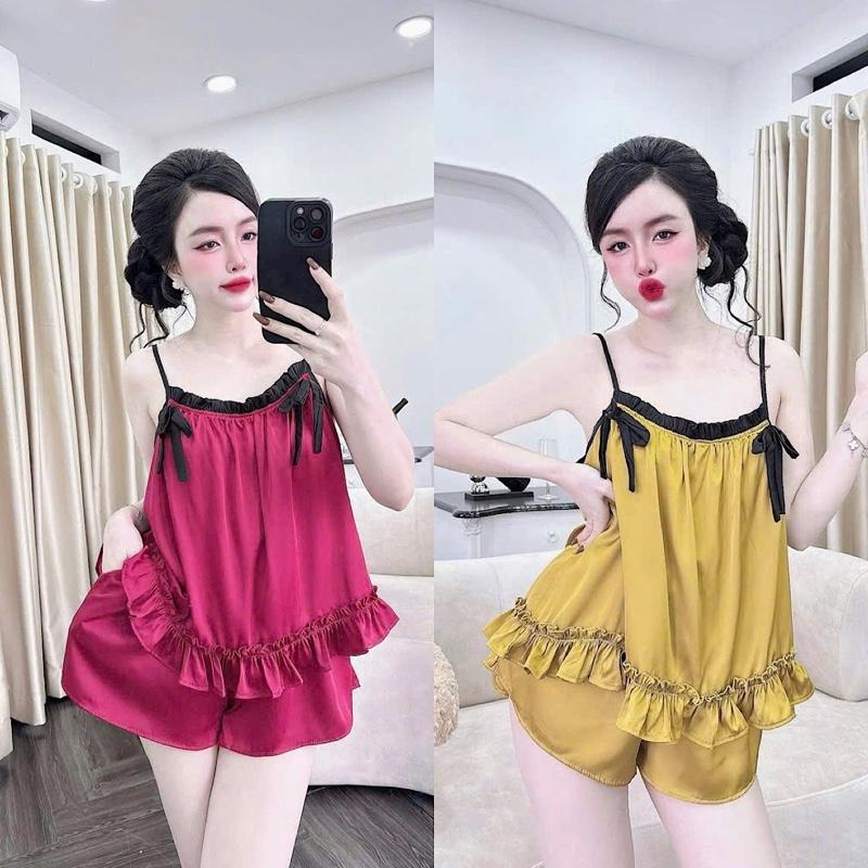 {Mới} set áo 2 dây chất liệu vải lụa latin phom 40-58kg Nữ Women Áo Kem Sen