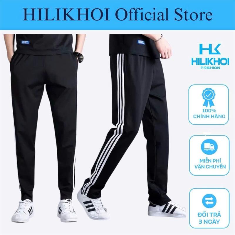 Quần thể dục, quần học sinh 3 viền sọc HILIKHOI cho cả Nam và Nữ, vải poly co giãn 4 chiều, màu đen, Sport, Tập Gym, Thoáng Khí, Quần Jogger - Sọc  thoáng khí