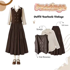 Yumi Set Outfit Dark Academia ( Vest Brownies + Kemeja + Rok Susun ) One Set Yearbook Wanita -D32
