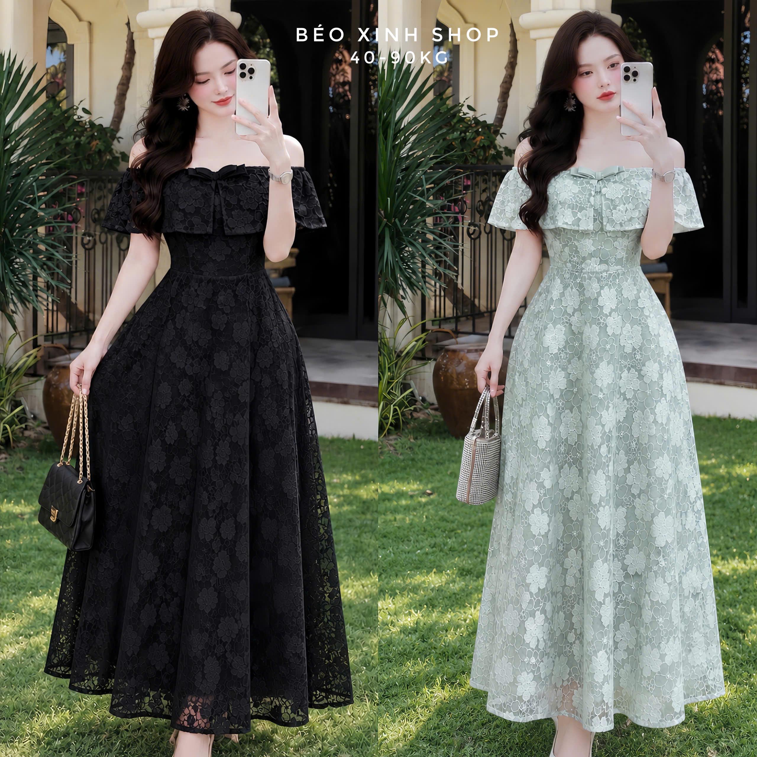 Đầm Ren Hoa Trễ Vai Phối Bèo Nơ Tùng Xòe Nữ Tính Bigsize Béo Xinh Shop 40–90kg - A.1890