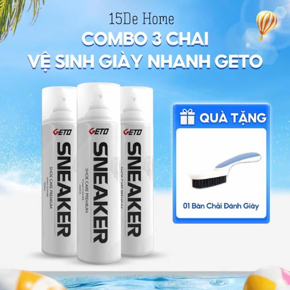 [Tặng Kèm Bàn Chải] Combo 3 Chai Xịt Tạo Bọt Vệ Sinh Giày Sneaker Geto Cao Cấp, Chai Vệ Sinh Giày Xịt Tạo Bọt Khô 300ml Không Dùng Nước
