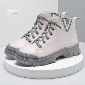 PINKEY P022 Sepatu Boots Wanita Shoes Sneakers Bot PU Coklat High Putih Wajib Naikan 1 Size