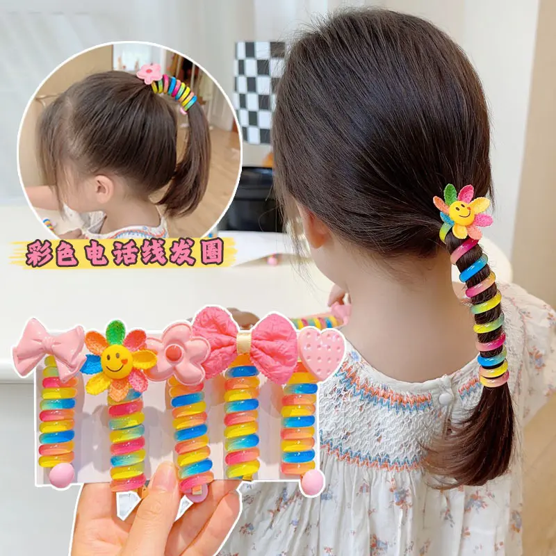 Ikat Rambut Spiral Jepit Rambut Anak Rainbow Spiral warna warni Tali rambut kabel lucu