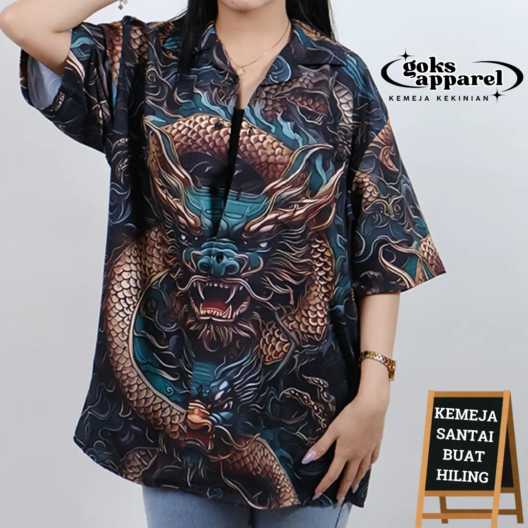 GOKS Baju Kemeja Motif Laki Laki Perempuan Full Print Printing Kemeja Vintage NAGA HIJAU 907