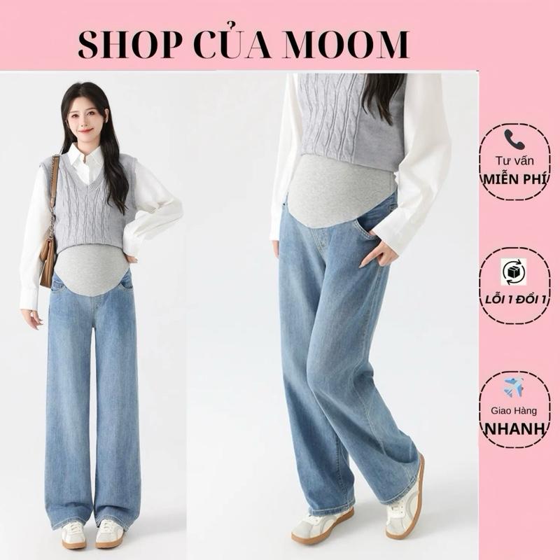   Nhà Moom  Quần Jean Bầu Quần Ống Rộng Siêu Đẹp Có Đáp Bụng Mềm Co Dãn 