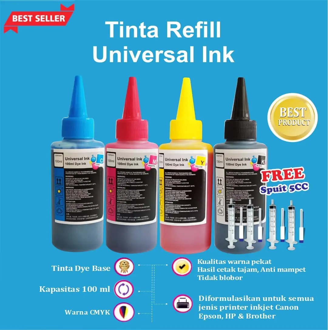 1 Set Tinta 4 Warna Universal 100ml For Epson Canon HP Dye Ink + Spuit
