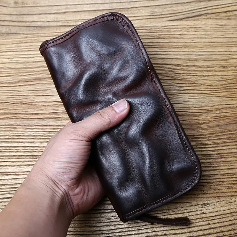 Beg Klac Kulit Tulen Lelaki, Buatan Tangan Vintaj, NZPJ, Diperbuat daripada Kulit Lembu Lapisan Atas, Dompet Panjang, Dompet Berzip, Pemegang Kad, Diperbuat daripada Kulit Disamak Sayuran
