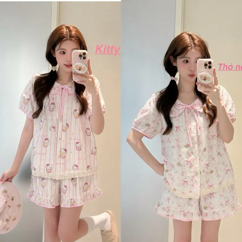 Bộ ngủ nữ tiểu thư cổ sen cộc tay vải đũi bông mây mùa hè mặc đi ngủ mát mẻ thoải mái Women Quần Ngủ Áo Ngủ Cotton