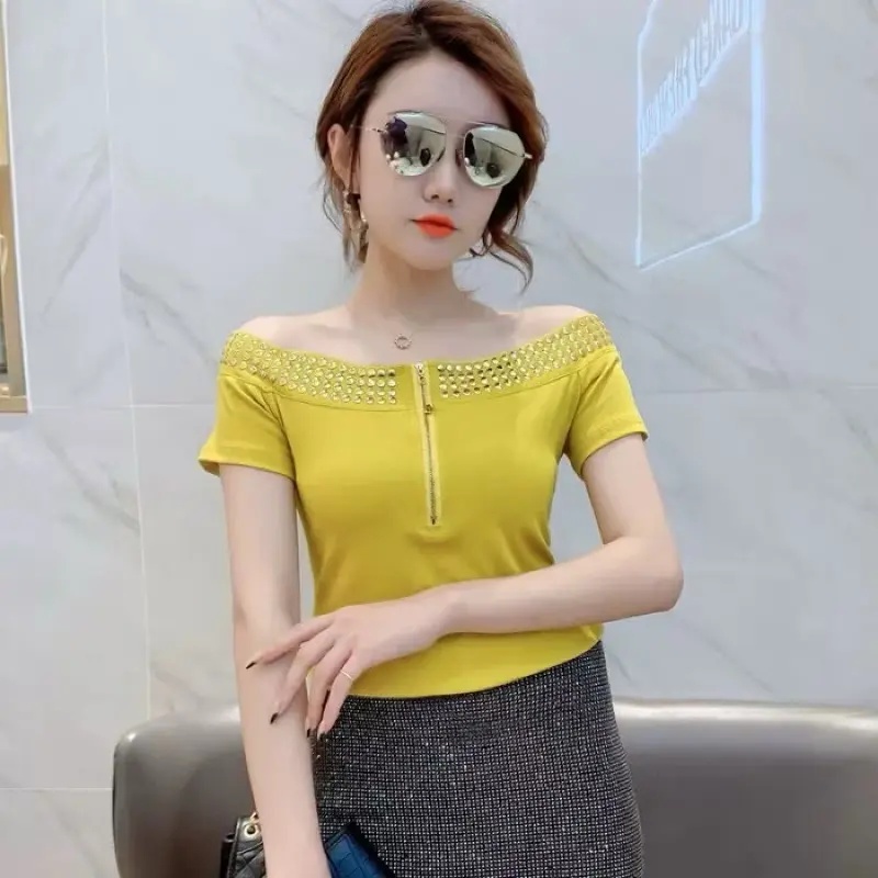 B11 New Off Shoulder Diamond Half Sleeve T-shirt Top for Women