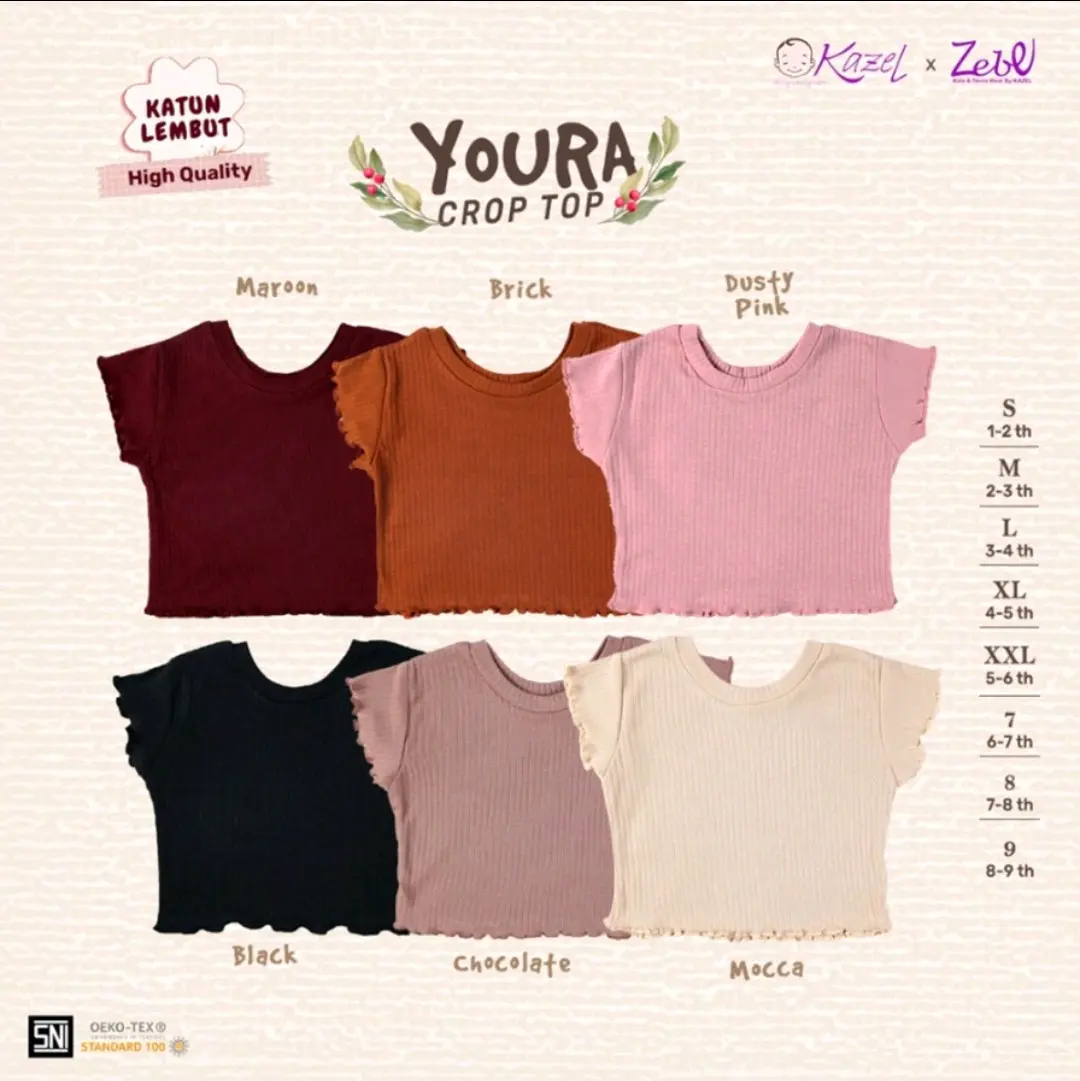 Kazel x Zebe Youra Crop Top | Atasan Kaos Anak Perempuan 1 pcs | Pakainan Anak Perempuan | Fashion Anak Perempuan 6-7 tahun warna random