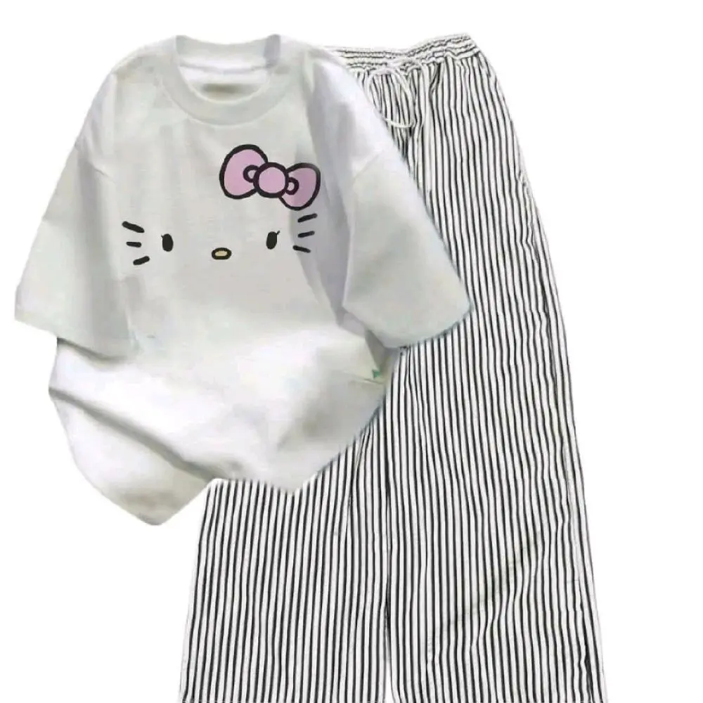Sét Bộ Quần Ống Suông Vải Đũi Xốp + Mix Áo Phông Form Rộng Unisex - Hình Mèo từ cotton và da cá